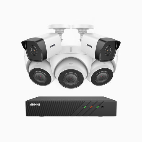H500 - Kit de surveillance PoE 5MP à 8 canaux avec 2 caméras bullet et 3 caméras tourelle, Microphone intégré, Vision nocturne Infrarouge 2.0, RTSP et ONVIF pris en charge, Fonctionne avec Alexa