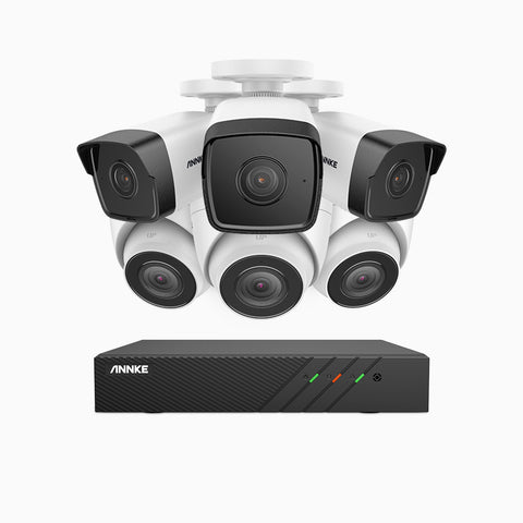 H500 - Kit de surveillance PoE 5MP à 8 canaux avec 3 caméras bullet et 3 caméras tourelle, Vision nocturne Infrarouge 2.0, Microphone intégré, RTSP et ONVIF pris en charge, Fonctionne avec Alexa