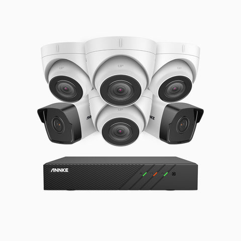 H500 - Kit de surveillance PoE 5MP à 8 canaux avec 2 caméras bullet et 4 caméras tourelle, Vision nocturne Infrarouge 2.0, Microphone intégré, RTSP et ONVIF pris en charge, Fonctionne avec Alexa