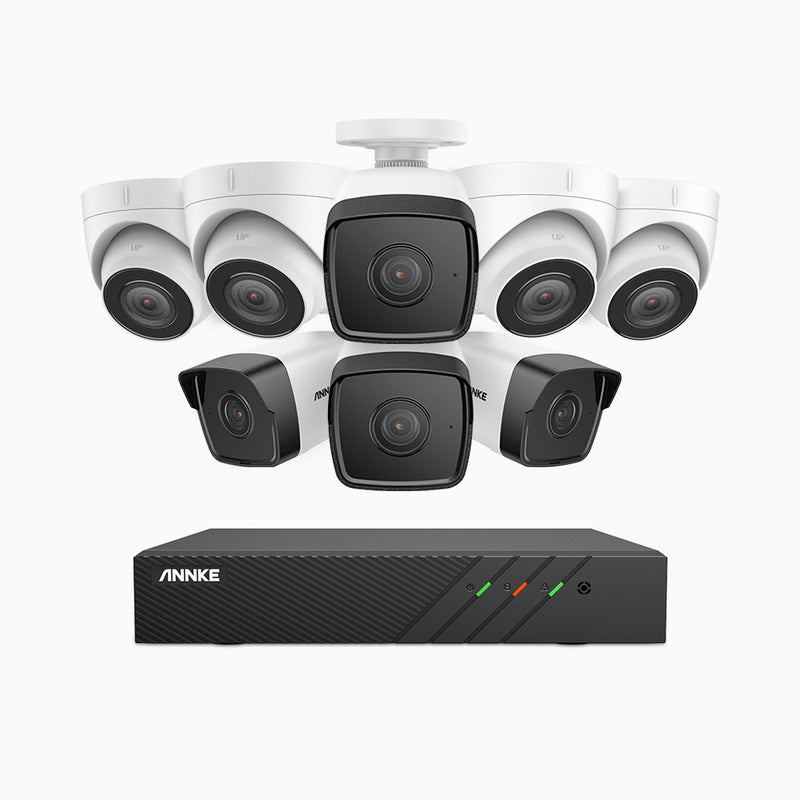 H500 - Kit de surveillance PoE 5MP à 8 canaux avec 4 caméras bullet et 4 caméras tourelle, Vision nocturne Infrarouge 2.0, Microphone intégré, RTSP et ONVIF pris en charge, Fonctionne avec Alexa