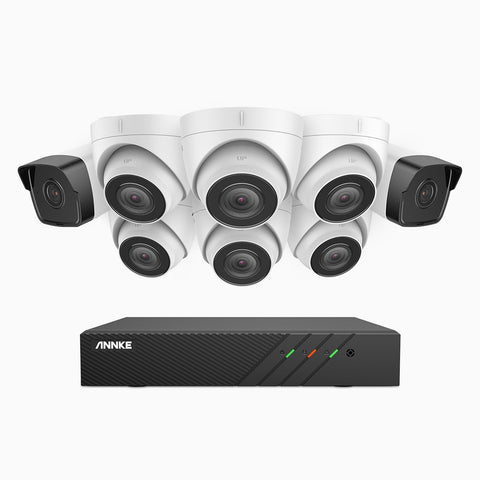 H500 - Kit de surveillance PoE 5MP à 8 canaux avec 2 caméras bullet et 6 caméras tourelle, Vision nocturne Infrarouge 2.0, Microphone intégré, RTSP et ONVIF pris en charge, Fonctionne avec Alexa