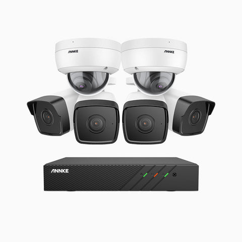 H500 - Kit de surveillance PoE 5MP à 8 canaux avec 4 caméras bullet et 2 caméras dome, Vision nocturne Infrarouge 2.0, Microphone intégré, RTSP et ONVIF pris en charge, Fonctionne avec Alexa