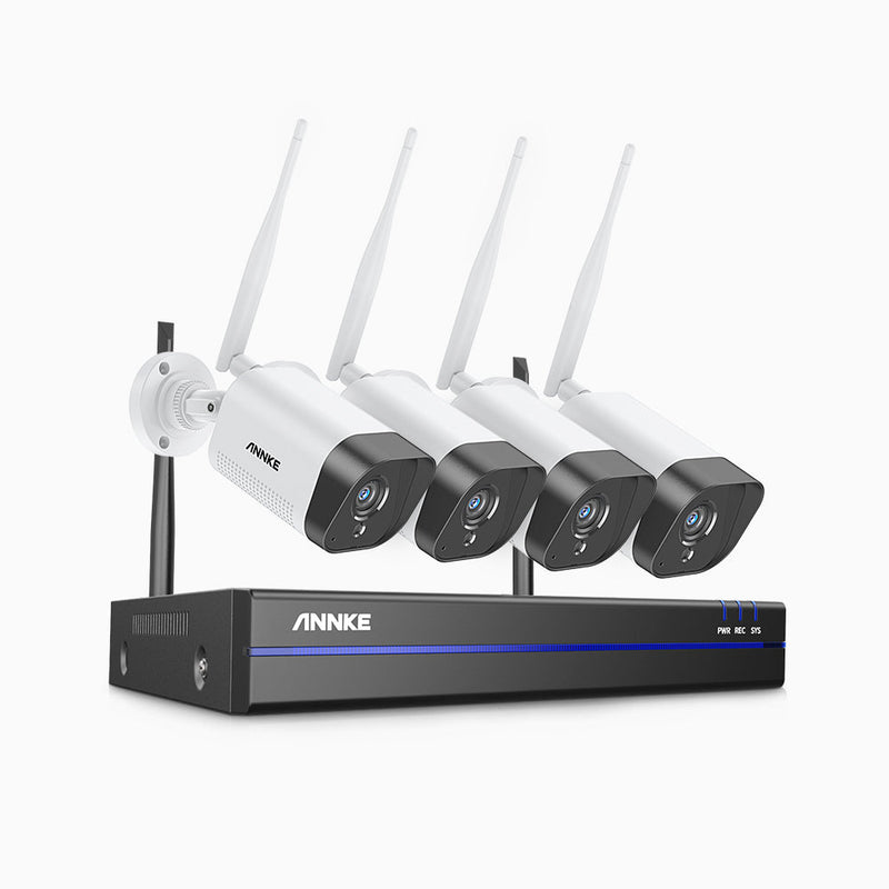 WAS500 - Kit vidéo surveillance sans fil 5MP à 8 canaux avec 4 caméras, La vision nocturne EXIR, audio bidirectionnel, Microphone intégré, Fonctionne avec Alexa, IP66