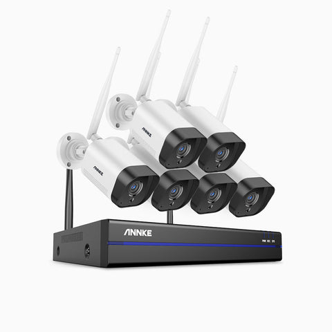 WAS500 - Kit vidéo surveillance sans fil 5MP à 8 canaux avec 6 caméras, La vision nocturne EXIR, audio bidirectionnel, Microphone intégré, Fonctionne avec Alexa, IP66
