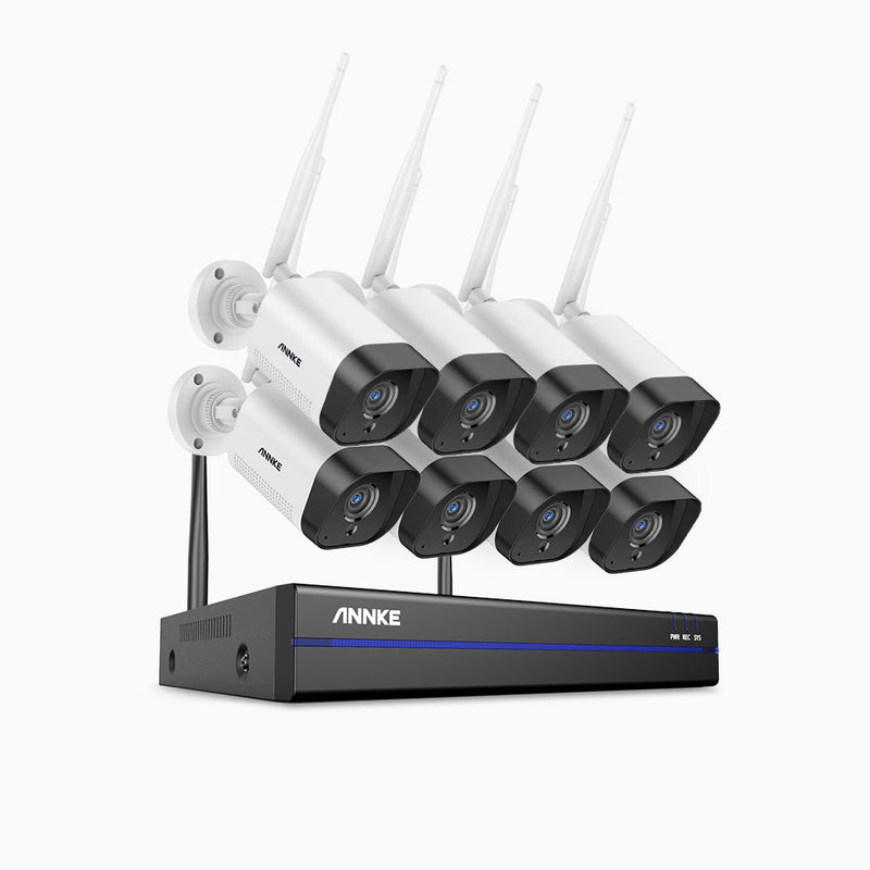 WAS500 - Kit vidéo surveillance sans fil 5MP à 8 canaux avec 8 caméras, La vision nocturne EXIR, audio bidirectionnel, Microphone intégré, Fonctionne avec Alexa, IP66