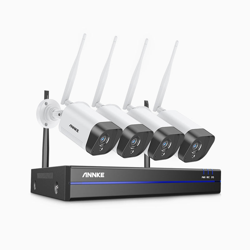 WS300 - Kit vidéo surveillance sans fil 2K à 8 canaux avec 4 caméras, Portée Wi-Fi de 300 m, Microphone intégré, Reconnaissance humaine, Fonctionne avec Alexa