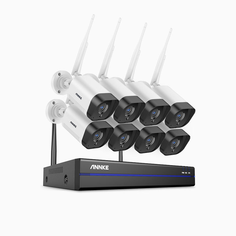 WS300 - Kit vidéo surveillance sans fil 2K à 8 canaux avec 8 caméras, Portée Wi-Fi de 300 m, Microphone intégré, Reconnaissance humaine, Fonctionne avec Alexa