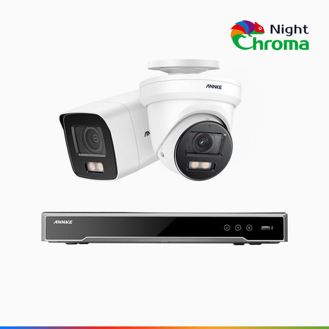 NightChroma<sup>TM</sup> NCK800 - Kit de surveillance PoE 4MP à 8 canaux avec 1 caméras bullet et 1 caméras tourelle, Vision nocturne couleur ultime, super ouverture f/1.0 (0,0005 Lux), Détection Personne-Véhicule, Analyse comportementale intelligente