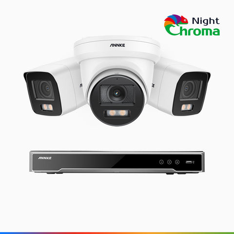 NightChroma<sup>TM</sup> NCK800 - Kit de surveillance PoE 4MP à 8 canaux avec 2 caméras bullet et 1 caméras tourelle, Vision nocturne couleur ultime, super ouverture f/1.0 (0,0005 Lux), Détection Personne-Véhicule, Analyse comportementale intelligente