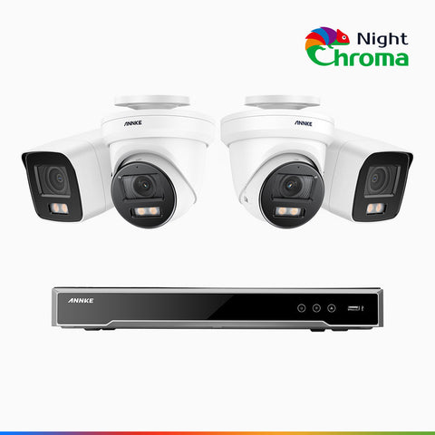 NightChroma<sup>TM</sup> NCK800 - Kit de surveillance PoE 4MP à 8 canaux avec 2 caméras bullet et 2 caméras tourelle, Vision nocturne couleur ultime, super ouverture f/1.0 (0,0005 Lux), Détection Personne-Véhicule, Analyse comportementale intelligente