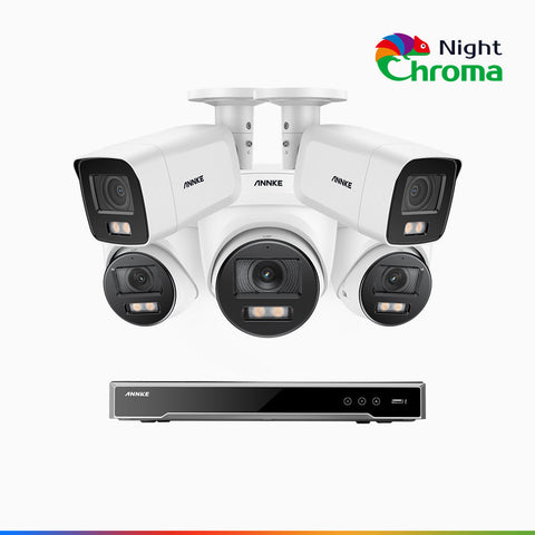 NightChroma<sup>TM</sup> NCK800 - Kit de surveillance PoE 4MP à 8 canaux avec 2 caméras bullet et 3 caméras tourelle, Vision nocturne couleur ultime, super ouverture f/1.0 (0,0005 Lux), Détection Personne-Véhicule, Analyse comportementale intelligente