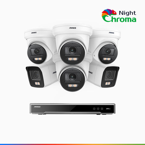 NightChroma<sup>TM</sup> NCK800 - Kit de surveillance PoE 4MP à 8 canaux avec 2 caméras bullet et 4 caméras tourelle, Vision nocturne couleur ultime, super ouverture f/1.0 (0,0005 Lux), Détection Personne-Véhicule, Analyse comportementale intelligente