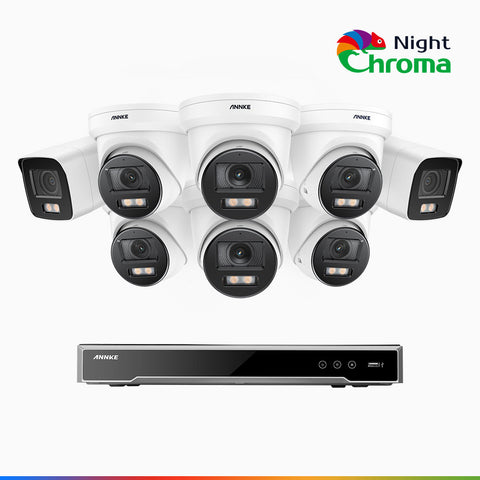NightChroma<sup>TM</sup> NCK800 - Kit de surveillance PoE 4MP à 8 canaux avec 2 caméras bullet et 6 caméras tourelle, Vision nocturne couleur ultime, super ouverture f/1.0 (0,0005 Lux), Détection Personne-Véhicule, Analyse comportementale intelligente