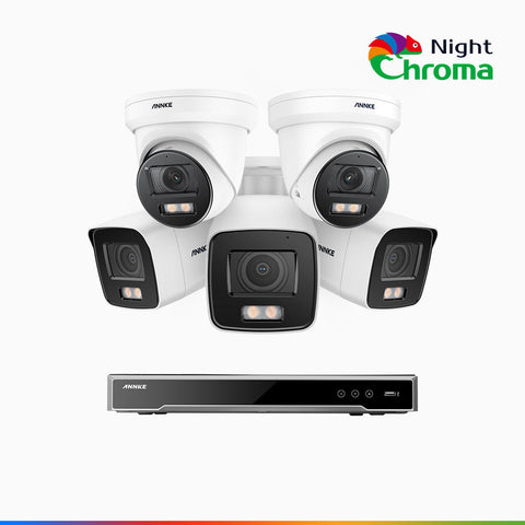NightChroma<sup>TM</sup> NCK800 - Kit de surveillance PoE 4MP à 8 canaux avec 3 caméras bullet et 2 caméras tourelle, Vision nocturne couleur ultime, super ouverture f/1.0 (0,0005 Lux), Détection Personne-Véhicule, Analyse comportementale intelligente