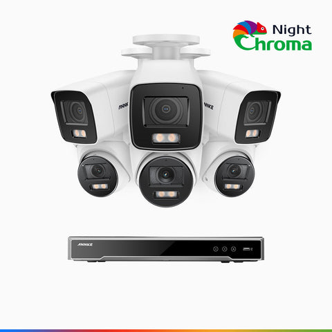NightChroma<sup>TM</sup> NCK800 - Kit de surveillance PoE 4MP à 8 canaux avec 3 caméras bullet et 3 caméras tourelle, Vision nocturne couleur ultime, super ouverture f/1.0 (0,0005 Lux), Détection Personne-Véhicule, Analyse comportementale intelligente