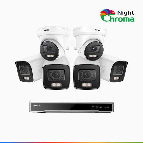 NightChroma<sup>TM</sup> NCK800 - Kit de surveillance PoE 4MP à 8 canaux avec 4 caméras bullet et 2 caméras tourelle, Vision nocturne couleur ultime, super ouverture f/1.0 (0,0005 Lux), Détection Personne-Véhicule, Analyse comportementale intelligente