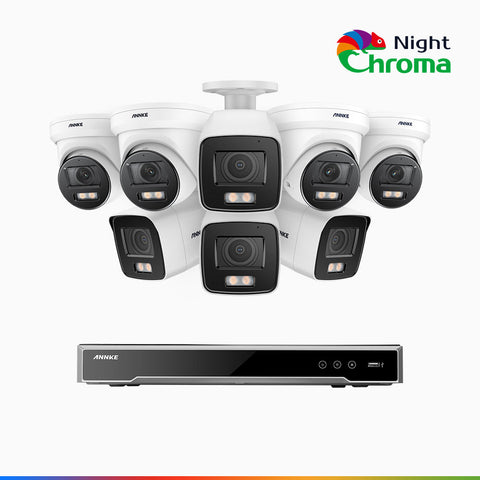 NightChroma<sup>TM</sup> NCK800 - Kit de surveillance PoE 4MP à 8 canaux avec 4 caméras bullet et 4 caméras tourelle, Vision nocturne couleur ultime, super ouverture f/1.0 (0,0005 Lux), Détection Personne-Véhicule, Analyse comportementale intelligente