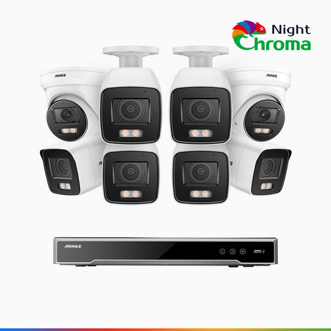 NightChroma<sup>TM</sup> NCK800 - Kit de surveillance PoE 4MP à 8 canaux avec 6 caméras bullet et 2 caméras tourelle, Vision nocturne couleur ultime, super ouverture f/1.0 (0,0005 Lux), Détection Personne-Véhicule, Analyse comportementale intelligente