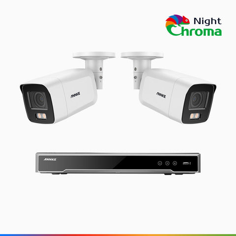 NightChroma<sup>TM</sup> NCK800 - Kit de surveillance PoE 4K à 8 canaux avec 2 caméras, Vision nocturne couleur ultime, super ouverture f/1.0 (0,0005 Lux), Détection Personne-Véhicule, Analyse comportementale intelligente, Microphone intégré