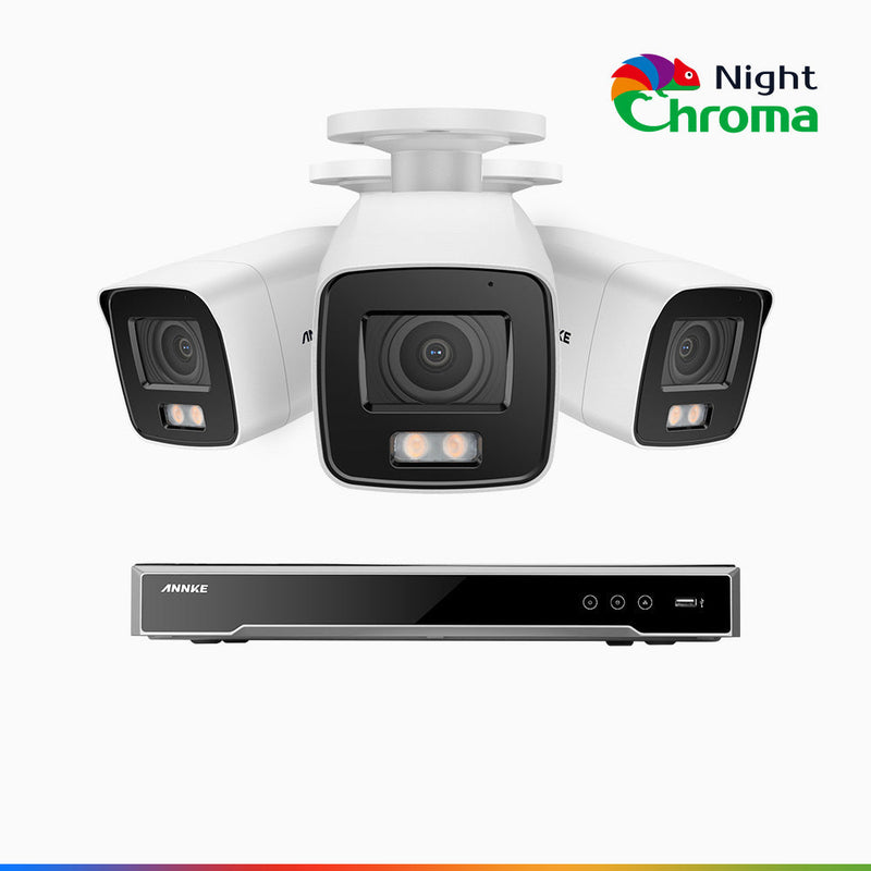 NightChroma<sup>TM</sup> NCK800 - Kit de surveillance PoE 4K à 8 canaux avec 3 caméras, Vision nocturne couleur ultime, super ouverture f/1.0 (0,0005 Lux), Détection Personne-Véhicule, Analyse comportementale intelligente, Microphone intégré