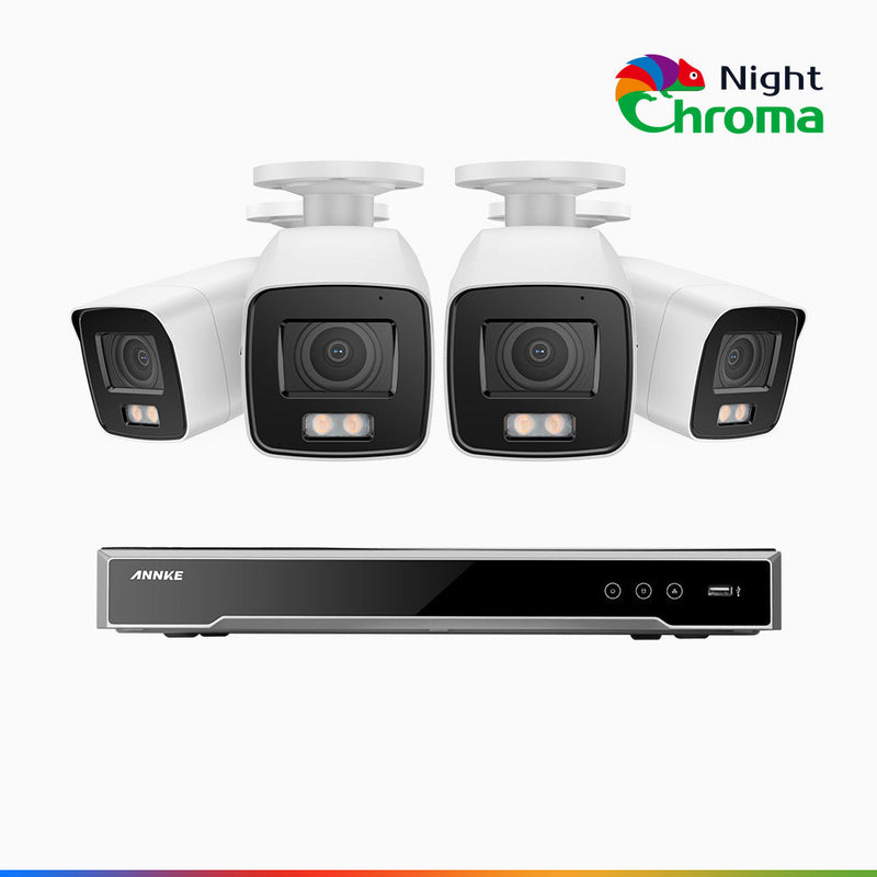 NightChroma<sup>TM</sup> NCK800 - Kit de surveillance PoE 4K à 8 canaux avec 4 caméras, Vision nocturne couleur ultime, super ouverture f/1.0 (0,0005 Lux), Détection Personne-Véhicule, Analyse comportementale intelligente, Microphone intégré