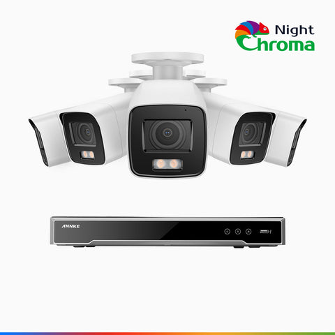 NightChroma<sup>TM</sup> NCK800 - Kit de surveillance PoE 4K à 8 canaux avec 5 caméras, Vision nocturne couleur ultime, super ouverture f/1.0 (0,0005 Lux), Détection Personne-Véhicule, Analyse comportementale intelligente, Microphone intégré