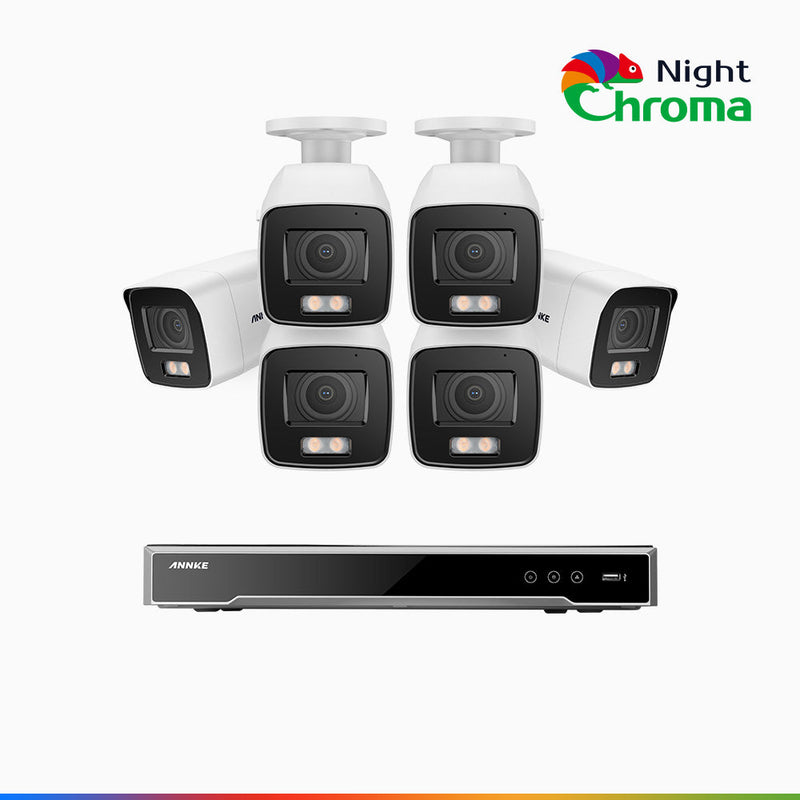 NightChroma<sup>TM</sup> NCK800 - Kit de surveillance PoE 4K à 8 canaux avec 6 caméras, Vision nocturne couleur ultime, super ouverture f/1.0 (0,0005 Lux), Détection Personne-Véhicule, Analyse comportementale intelligente, Microphone intégré