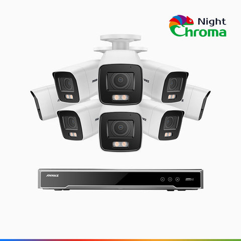 NightChroma<sup>TM</sup> NCK800 - Kit de surveillance PoE 4K à 8 canaux avec 8 caméras, Vision nocturne couleur ultime, super ouverture f/1.0 (0,0005 Lux), Détection Personne-Véhicule, Analyse comportementale intelligente, Microphone intégré