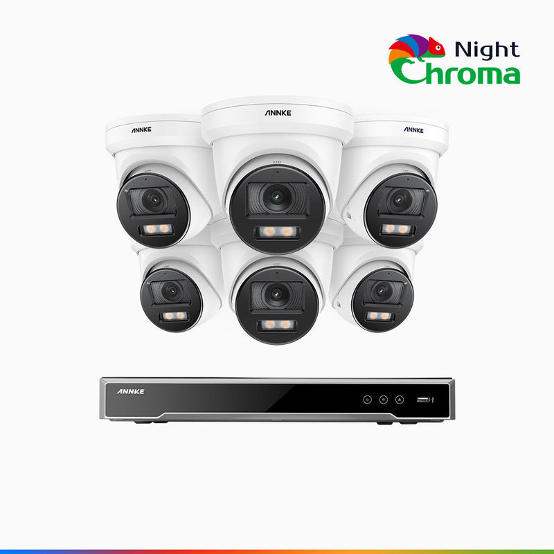 NightChroma<sup>TM</sup> NCK800 - Kit de surveillance PoE 4K à 8 canaux avec 6 caméras, Vision nocturne couleur ultime, super ouverture f/1.0 (0,0005 Lux), Détection Personne-Véhicule, Analyse comportementale intelligente, Microphone intégré