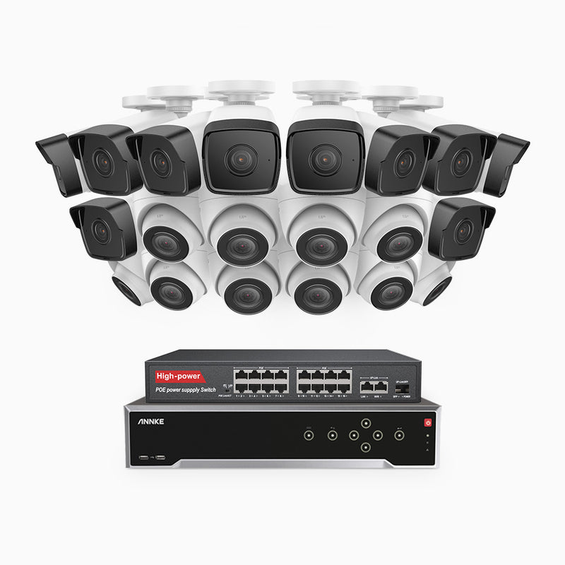 H500 - Kit de surveillance PoE 5MP à 32 canaux avec 10 caméras bullet et 10 caméras tourelle, Vision nocturne Infrarouge 2.0, Microphone intégré, Fente pour carte SD, Fonctionne avec Alexa, Switch PoE 16 ports inclus