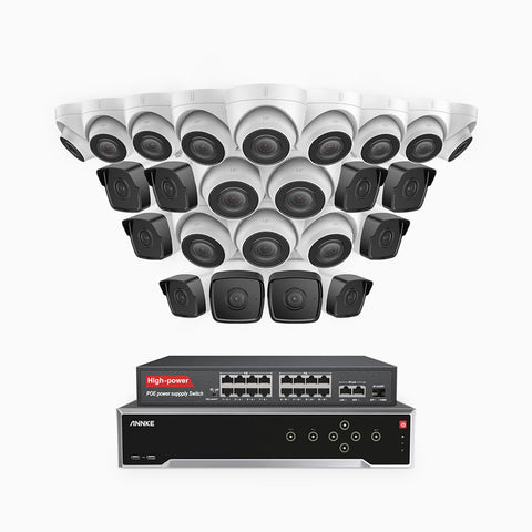 H500 - Kit de surveillance PoE 5MP à 32 canaux avec 14 caméras bullet et 10 caméras tourelle, Vision nocturne Infrarouge 2.0, Microphone intégré, Fente pour carte SD, Fonctionne avec Alexa, Switch PoE 16 ports inclus