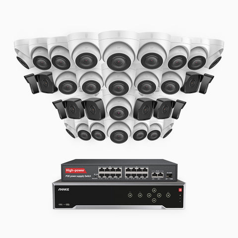 H500 - Kit de surveillance PoE 5MP à 32 canaux avec 10 caméras bullet et 22 caméras tourelle, Vision nocturne Infrarouge 2.0, Microphone intégré, Fente pour carte SD, Fonctionne avec Alexa, Switch PoE 16 ports inclus