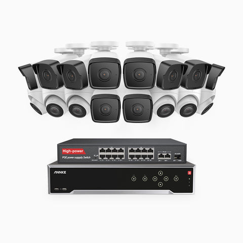 H500 - Kit de surveillance PoE 5MP à 32 canaux avec 10 caméras bullet et 6 caméras tourelle, Vision nocturne Infrarouge 2.0, Microphone intégré, Fente pour carte SD, Fonctionne avec Alexa, Switch PoE 16 ports inclus