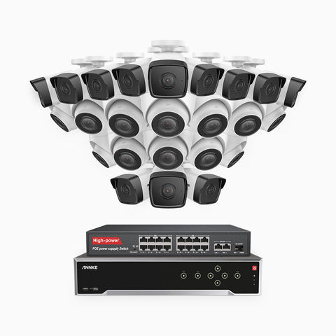 H500 - Kit de surveillance PoE 5MP à 32 canaux avec 12 caméras bullet et 12 caméras tourelle, Vision nocturne Infrarouge 2.0, Microphone intégré, Fente pour carte SD, Fonctionne avec Alexa, Switch PoE 16 ports inclus