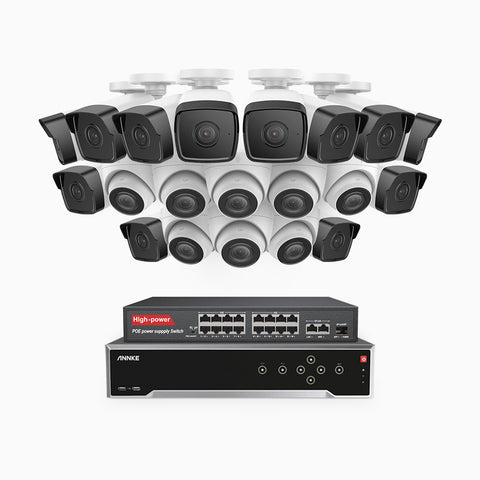 H500 - Kit de surveillance PoE 5MP à 32 canaux avec 12 caméras bullet et 8 caméras tourelle, Vision nocturne Infrarouge 2.0, Microphone intégré, Fente pour carte SD, Fonctionne avec Alexa, Switch PoE 16 ports inclus