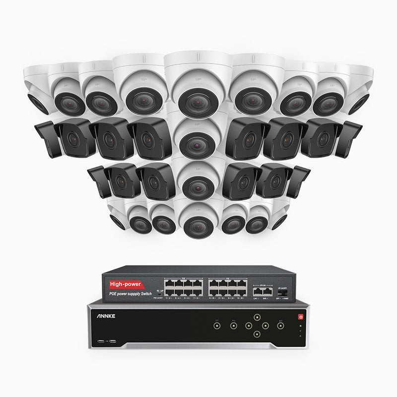 H500 - Kit de surveillance PoE 5MP à 32 canaux avec 14 caméras bullet et 18 caméras tourelle, Vision nocturne Infrarouge 2.0, Microphone intégré, Fente pour carte SD, Fonctionne avec Alexa, Switch PoE 16 ports inclus