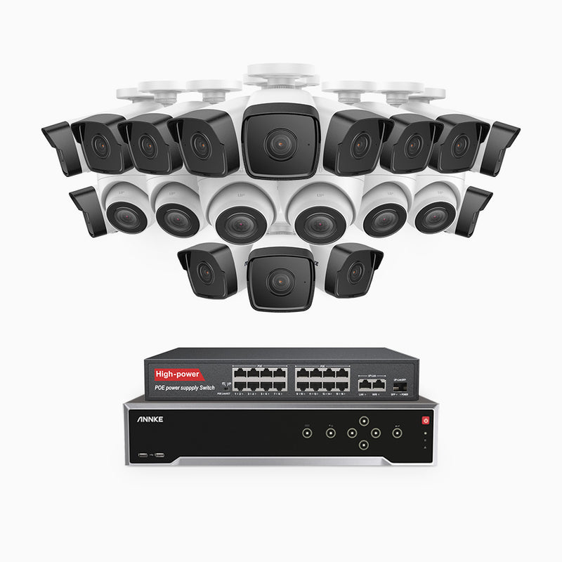 H500 - Kit de surveillance PoE 5MP à 32 canaux avec 14 caméras bullet et 6 caméras tourelle, Vision nocturne Infrarouge 2.0, Microphone intégré, Fente pour carte SD, Fonctionne avec Alexa, Switch PoE 16 ports inclus