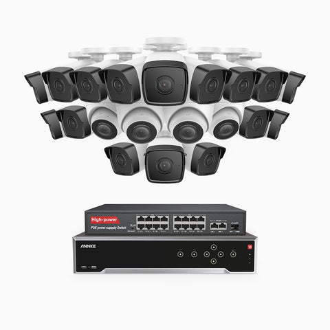H500 - Kit de surveillance PoE 5MP à 32 canaux avec 16 caméras bullet et 4 caméras tourelle, Vision nocturne Infrarouge 2.0, Microphone intégré, Fente pour carte SD, Fonctionne avec Alexa, Switch PoE 16 ports inclus