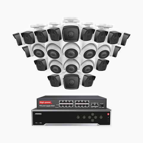 H500 - Kit de surveillance PoE 5MP à 32 canaux avec 16 caméras bullet et 8 caméras tourelle, Vision nocturne Infrarouge 2.0, Microphone intégré, Fente pour carte SD, Fonctionne avec Alexa, Switch PoE 16 ports inclus