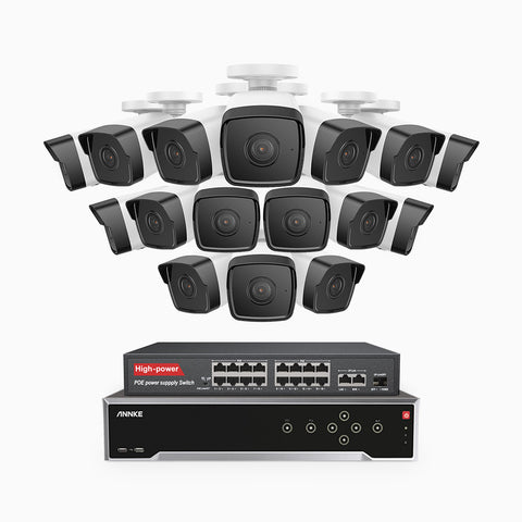 H500 - Kit de surveillance PoE 5MP à 32 canaux avec 16 caméras, Vision nocturne Infrarouge 2.0, Microphone intégré, Fente pour carte SD, Fonctionne avec Alexa, Switch PoE 16 ports inclus