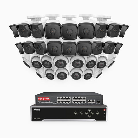 H500 - Kit de surveillance PoE 5MP à 32 canaux avec 18 caméras bullet et 14 caméras tourelle, Vision nocturne Infrarouge 2.0, Microphone intégré, Fente pour carte SD, Fonctionne avec Alexa, Switch PoE 16 ports inclus