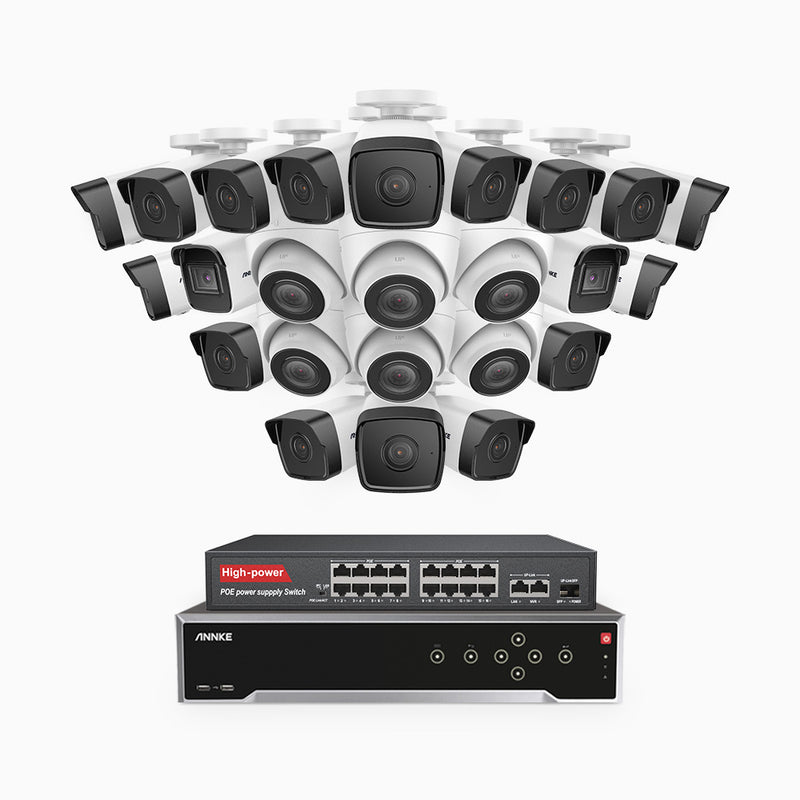 H500 - Kit de surveillance PoE 5MP à 32 canaux avec 18 caméras bullet et 6 caméras tourelle, Vision nocturne Infrarouge 2.0, Microphone intégré, Fente pour carte SD, Fonctionne avec Alexa, Switch PoE 16 ports inclus