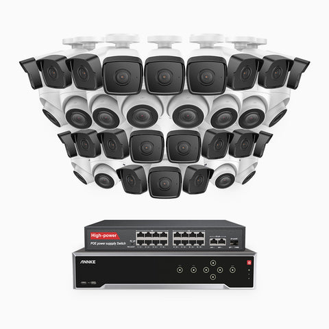 H500 - Kit de surveillance PoE 5MP à 32 canaux avec 20 caméras bullet et 12 caméras tourelle, Vision nocturne Infrarouge 2.0, Microphone intégré, Fente pour carte SD, Fonctionne avec Alexa, Switch PoE 16 ports inclus
