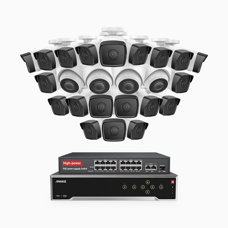 H500 - Kit de surveillance PoE 5MP à 32 canaux avec 20 caméras bullet et 4 caméras tourelle, Vision nocturne Infrarouge 2.0, Microphone intégré, Fente pour carte SD, Fonctionne avec Alexa, Switch PoE 16 ports inclus