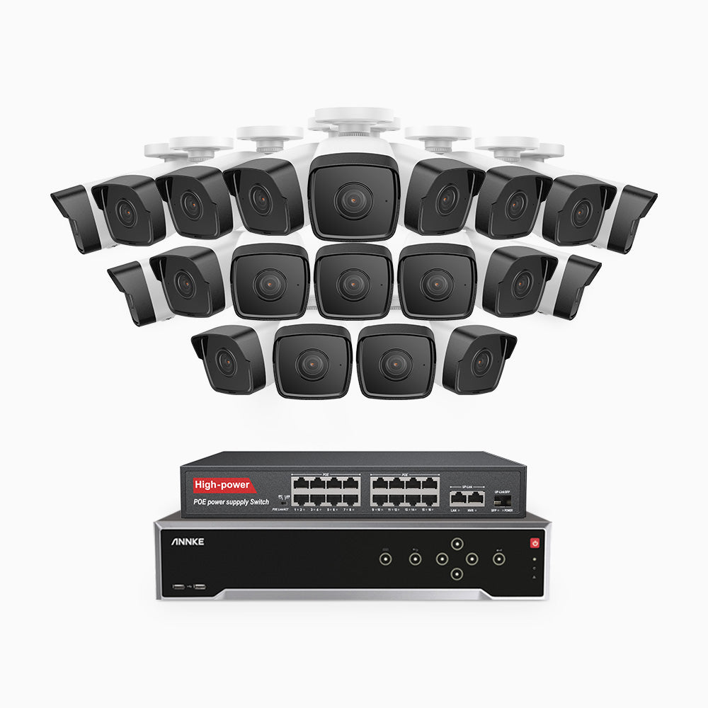 H500 - Kit de surveillance PoE 5MP à 32 canaux avec 20 caméras, Vision nocturne Infrarouge 2.0, Microphone intégré, Fente pour carte SD, Fonctionne avec Alexa, Switch PoE 16 ports inclus