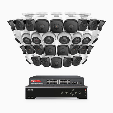 H500 - Kit de surveillance PoE 5MP à 32 canaux avec 22 caméras bullet et 10 caméras tourelle, Vision nocturne Infrarouge 2.0, Microphone intégré, Fente pour carte SD, Fonctionne avec Alexa, Switch PoE 16 ports inclus