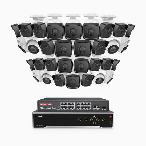 H500 - Kit de surveillance PoE 5MP à 32 canaux avec 24 caméras bullet et 8 caméras tourelle, Vision nocturne Infrarouge 2.0, Microphone intégré, Fente pour carte SD, Fonctionne avec Alexa, Switch PoE 16 ports inclus