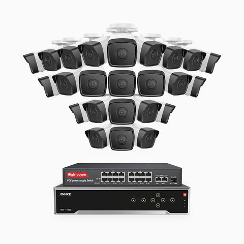 H500 - Kit de surveillance PoE 5MP à 32 canaux avec 24 caméras, Vision nocturne Infrarouge 2.0, Microphone intégré, Fente pour carte SD, Fonctionne avec Alexa, Switch PoE 16 ports inclus