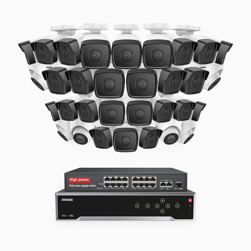H500 - Kit de surveillance PoE 5MP à 32 canaux avec 26 caméras bullet et 6 caméras tourelle, Vision nocturne Infrarouge 2.0, Microphone intégré, Fente pour carte SD, Fonctionne avec Alexa, Switch PoE 16 ports inclus