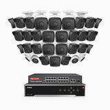 H500 - Kit de surveillance PoE 5MP à 32 canaux avec 28 caméras bullet et 4 caméras tourelle, Vision nocturne Infrarouge 2.0, Microphone intégré, Fente pour carte SD, Fonctionne avec Alexa, Switch PoE 16 ports inclus